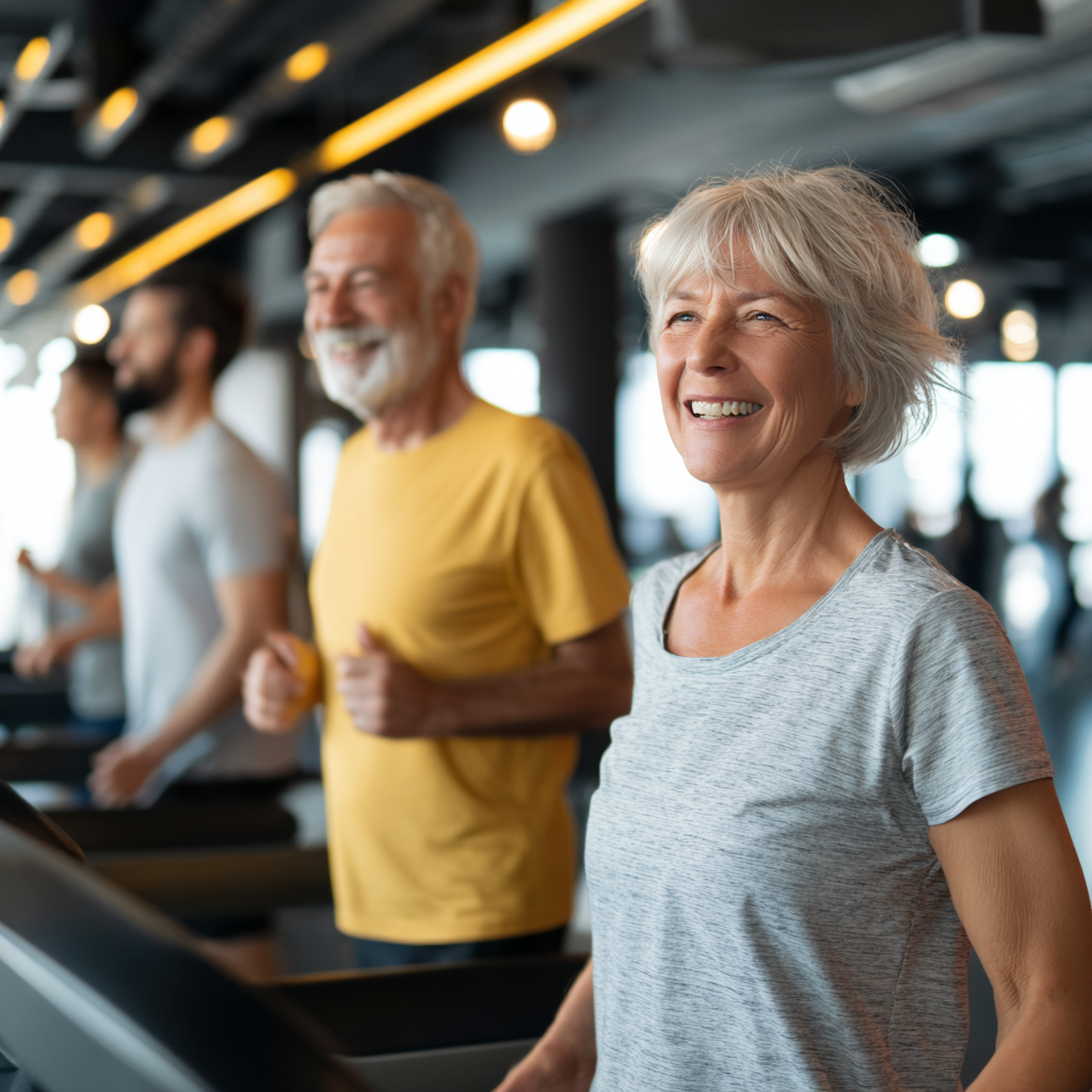 Smiling Ukrainian adults of various ages enjoying fitness activities in a modern gym setting